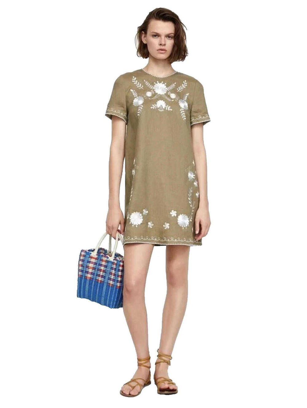 Zara Women Size Large Greige Linen Dress W/White Embroidery Short Sleeve Boho